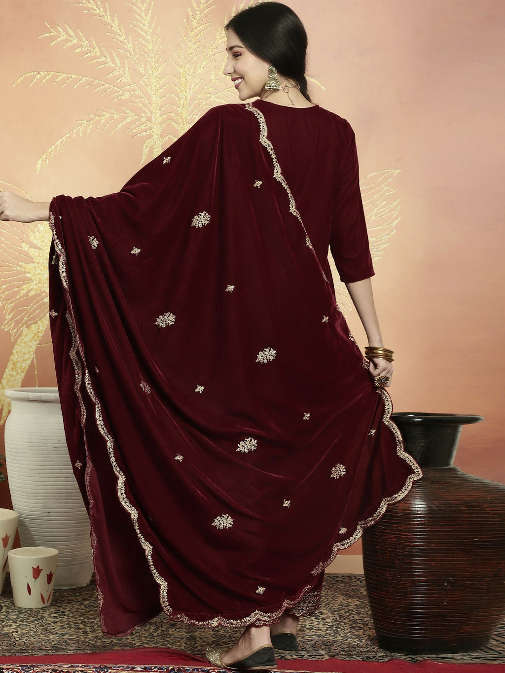 Jyoti Fashion Women's Maroon Velvet Cording with Resham Thread & Sequin Kurta with Trouser & Dupatta