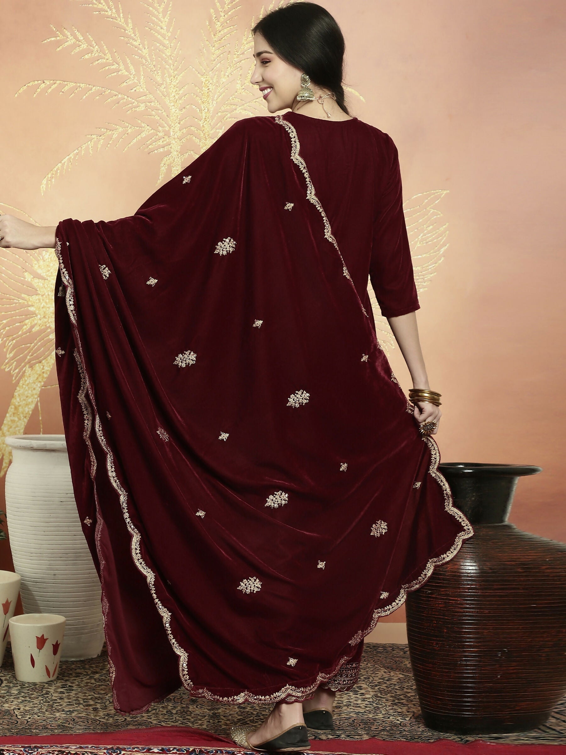 Jyoti Fashion Women's Maroon Velvet Cording with Resham Thread & Sequin Kurta with Trouser & Dupatta