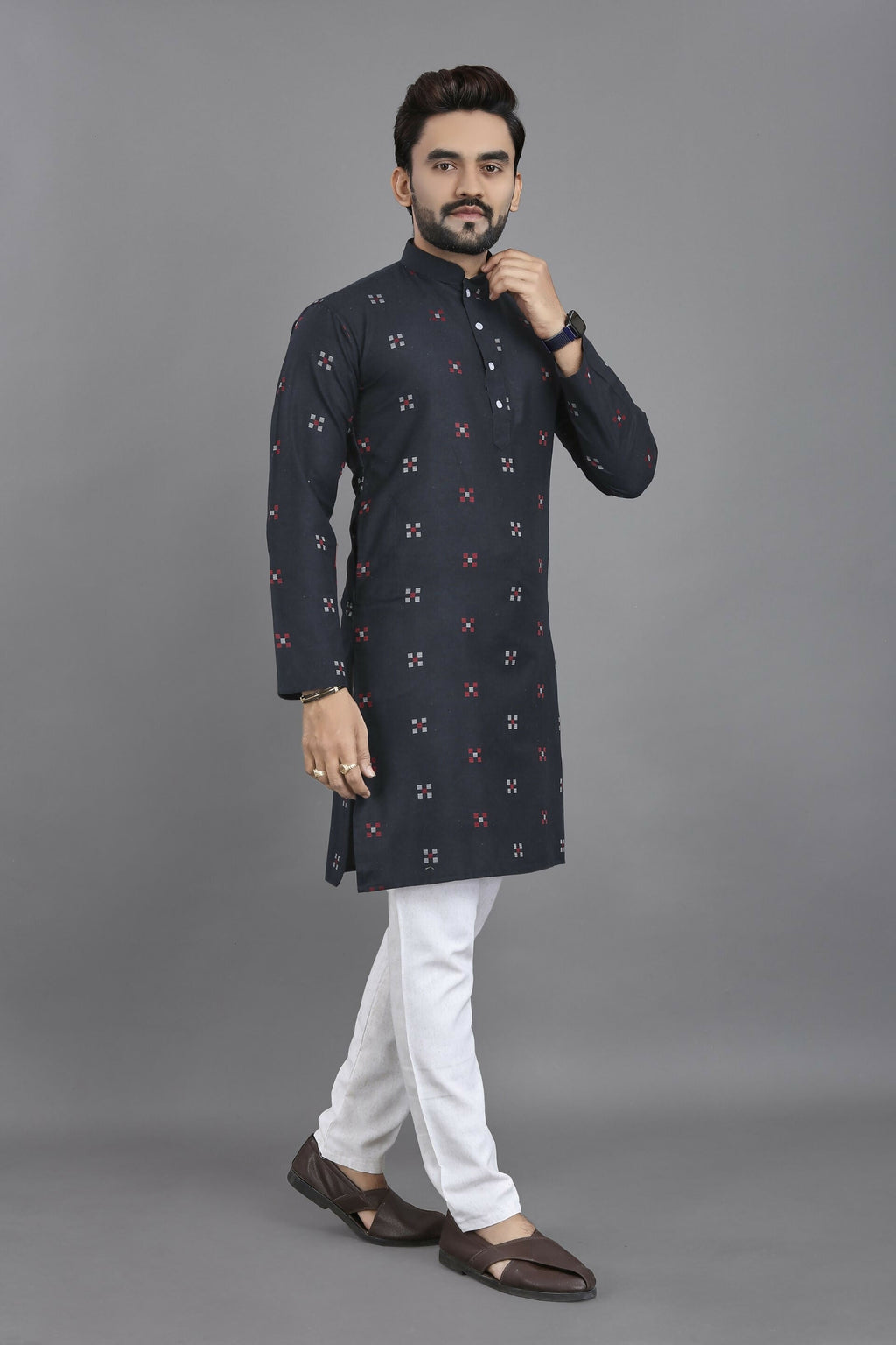 Anaita Navy Blue Weaving Linen Cotton Straight Kurta