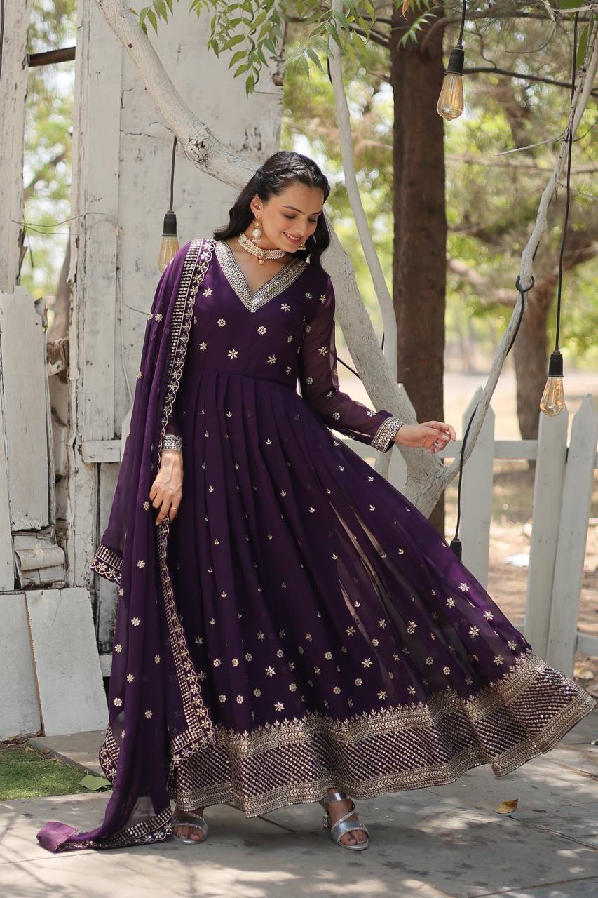Yash Enterprise Purple Heavy Fux Blooming Embroidery Party Wear Suit - Distacart
