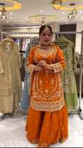 Yash Enterprise Orange Natural Crep Embroidery Party Wear Suit Set - Distacart