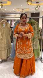 Yash Enterprise Orange Natural Crep Embroidery Party Wear Suit Set - Distacart