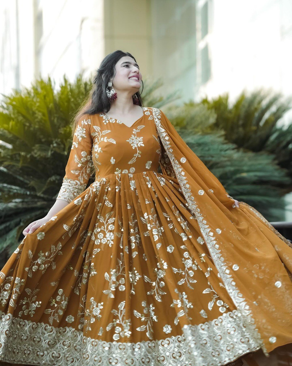 Yash Enterprise Mustard Georgette And Silk Embroidered Anarkali Salwar Suit - Distacart