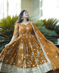 Yash Enterprise Mustard Georgette And Silk Embroidered Anarkali Salwar Suit - Distacart