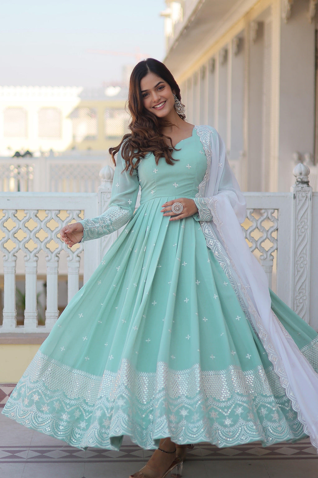 Yash Enterprise Green Pista Faux Georgette Party Wear Embroidery Suit Set - Distacart