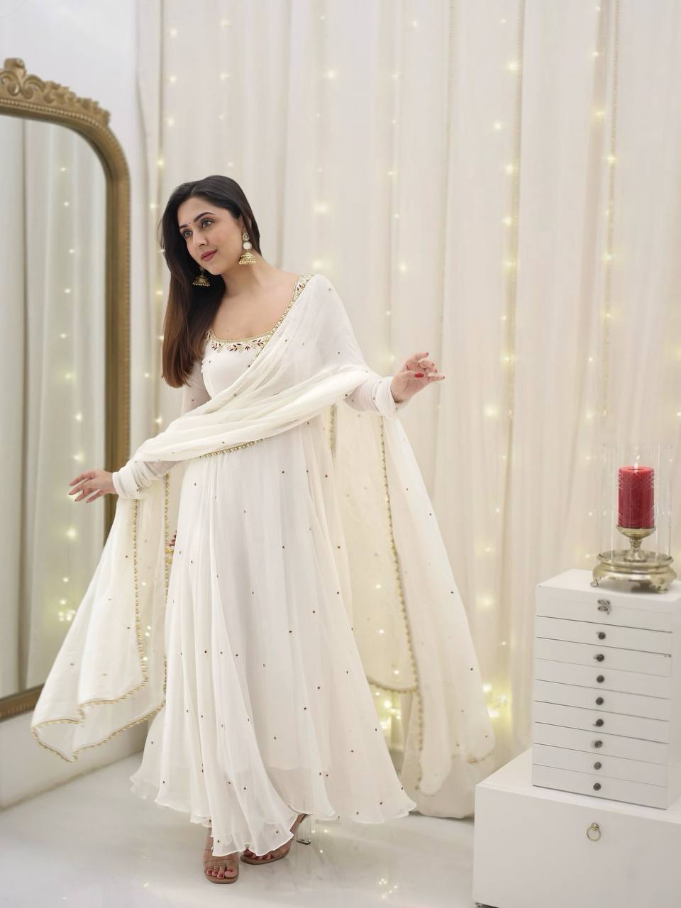 Yash Enterprise White Star Georgette Silk Embroidery Party Wear Uit Set - Distacart
