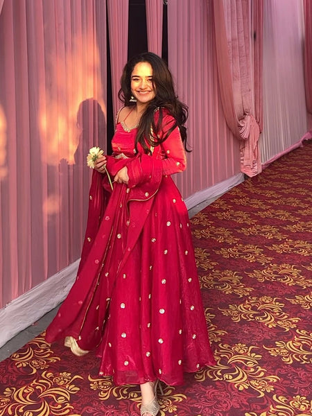 Yash Enterprise Red Fendy Silk Party Wear Embroidery Suit Set