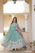 Yash Enterprise Sea Green Georgette Embroidered Long Kurti SetWith Multicolour Dupatta - Distacart