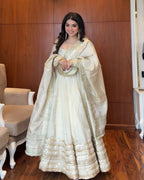 Yash Enterprise Of White Chinon Silk With Embroidery Zari Sequins-Work - Distacart