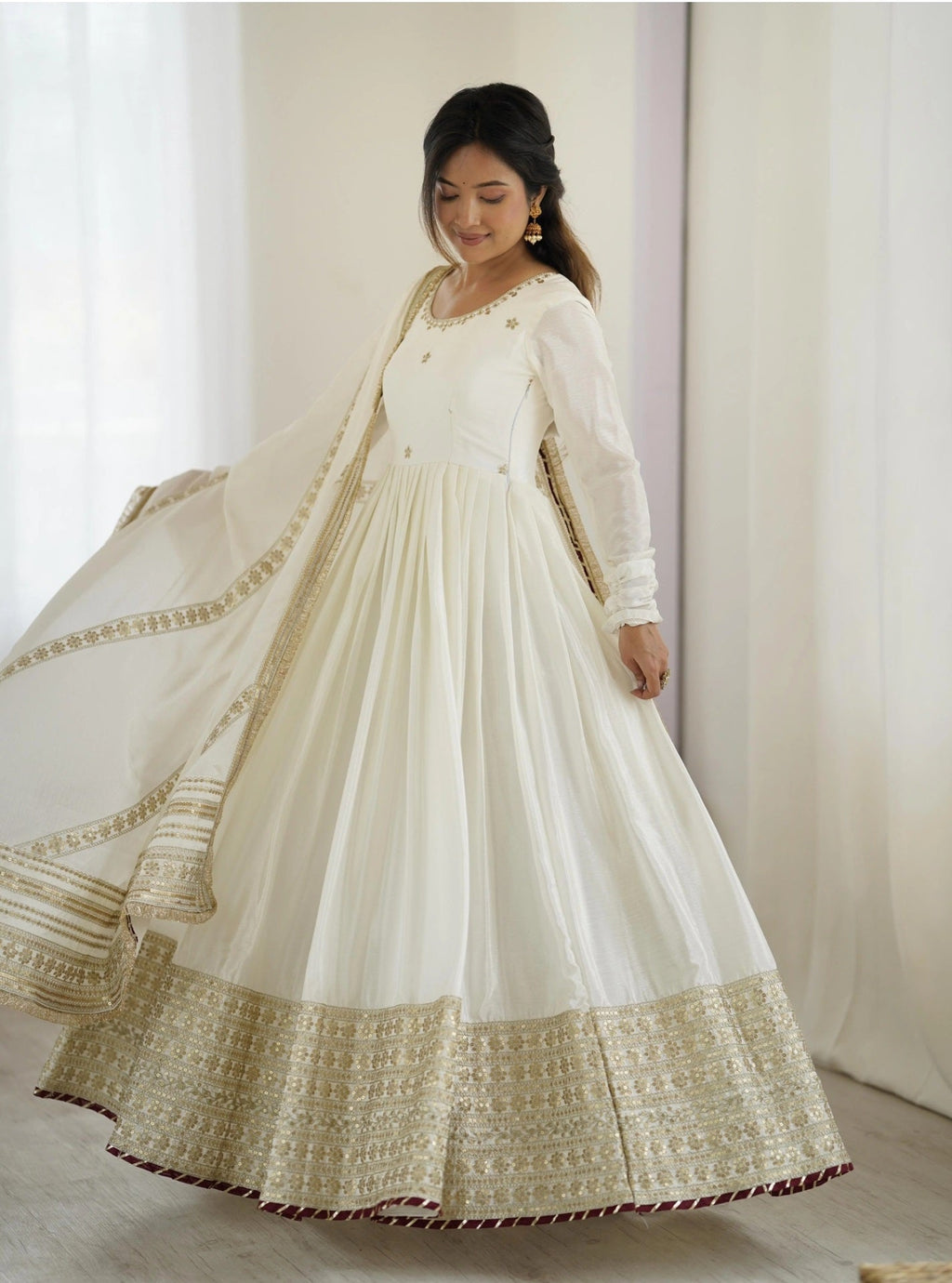 Yash Enterprise Off White Chinon Silk Party Wear Embroidery Suit Set - Distacart
