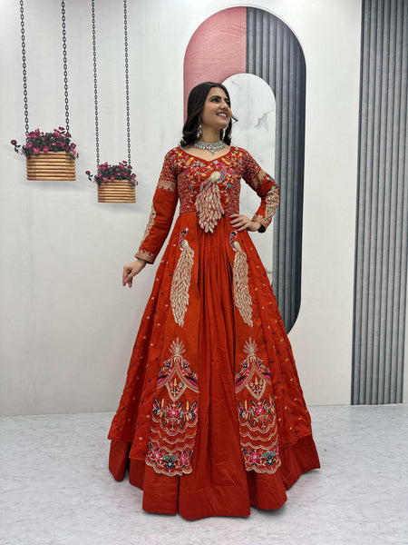 Yash Enterprise Orange Vichitra Silk Party Wear Embroidery Crop Top With Blouse Lehenga Choli