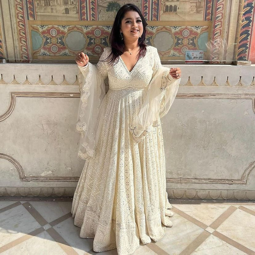 Yash Enterprise Off White Luckhnowi Sequins Work Party Wear Suit Set - Distacart