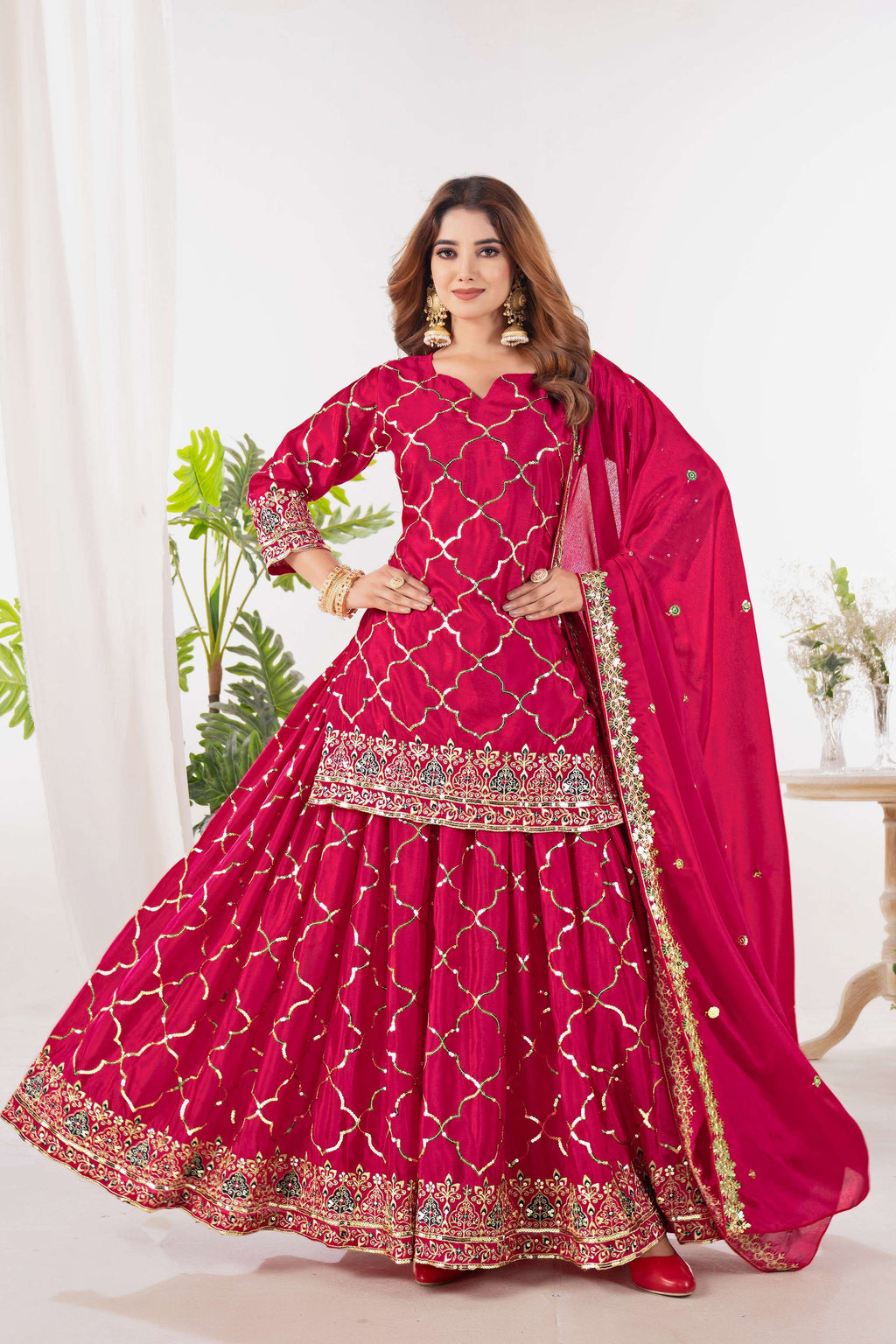 Yash Enterprise Red Chinnon Silk Embroidery Party Wear Suit Set - Distacart