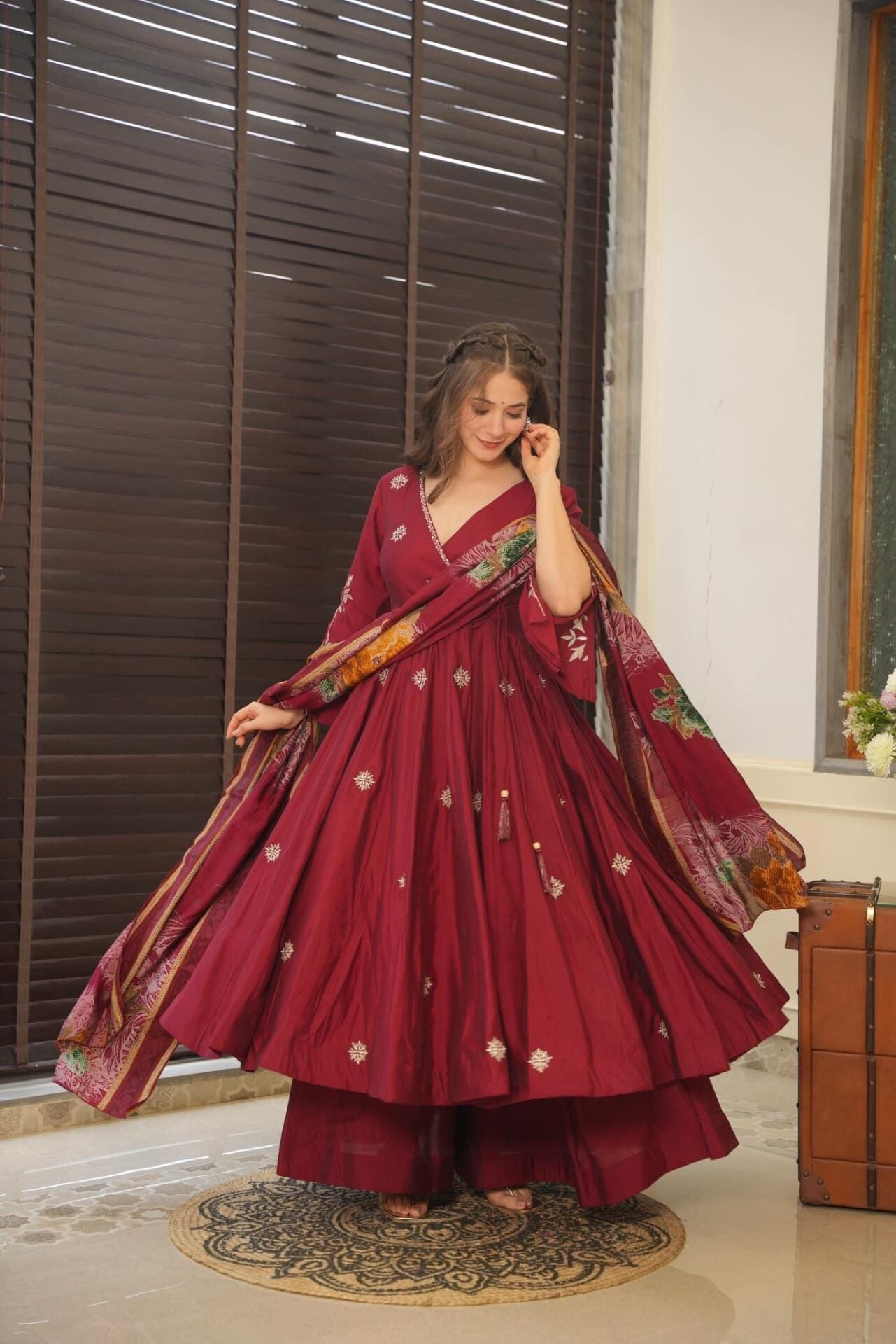Yash Enterprise Maroon Maslin Cotton Anarkali Suit Set - Distacart