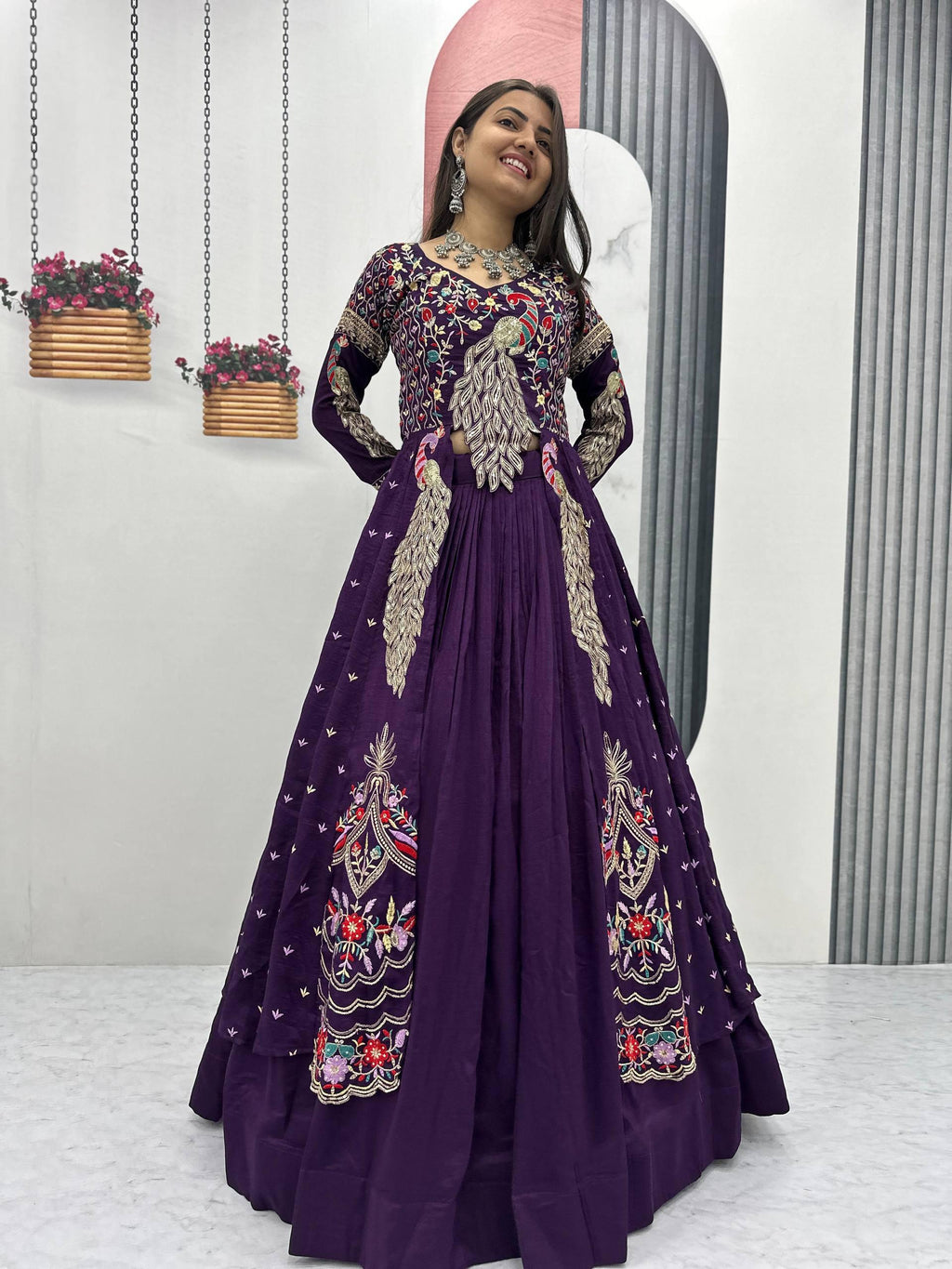 Yash Enterprise Purple Vichitra Silk Party Wear Embroidery Crop Top With Blouse Lehenga Choli - Distacart
