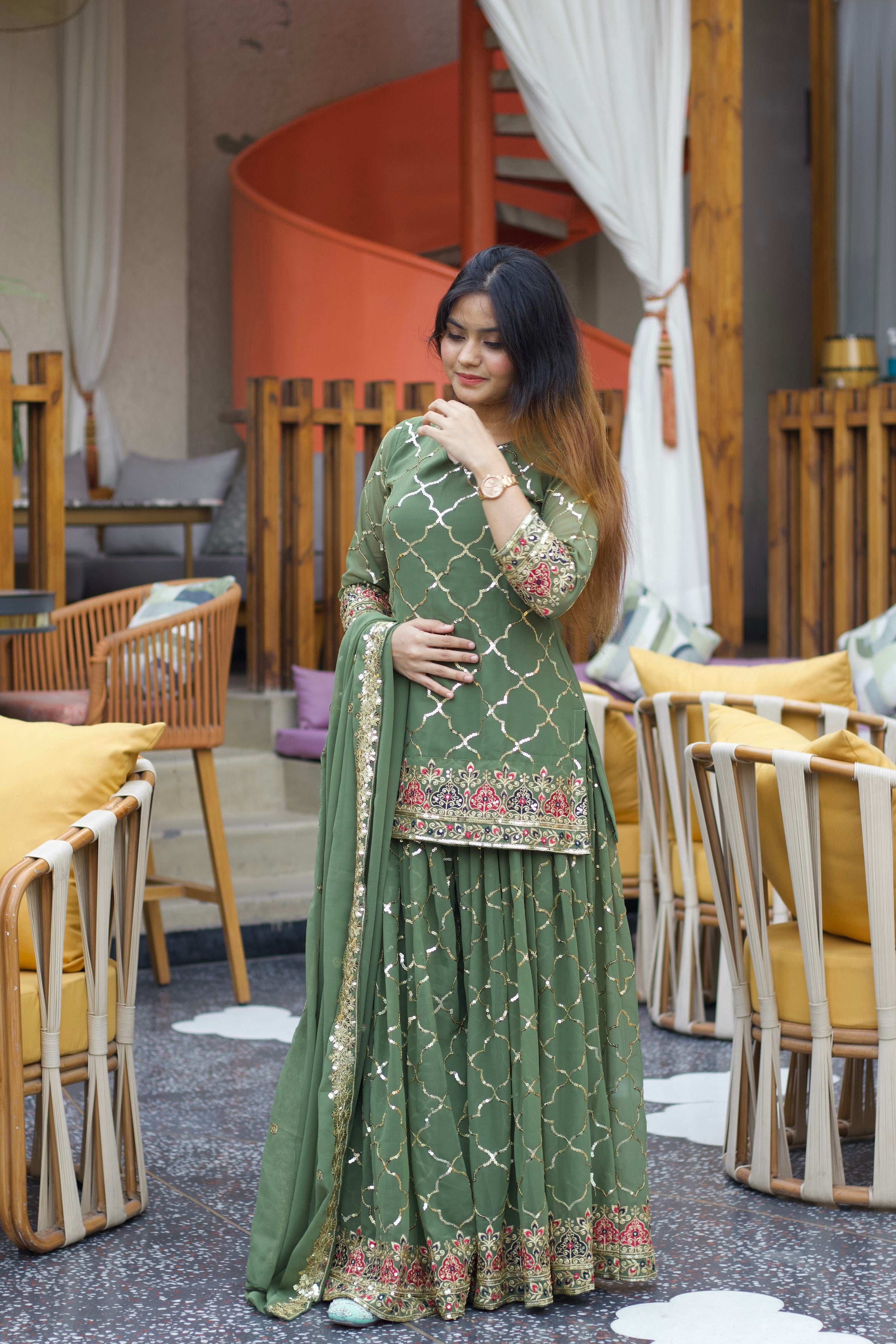 Yash Enterprise Green Georgette Embroidery Party Wear Suit Set - Distacart