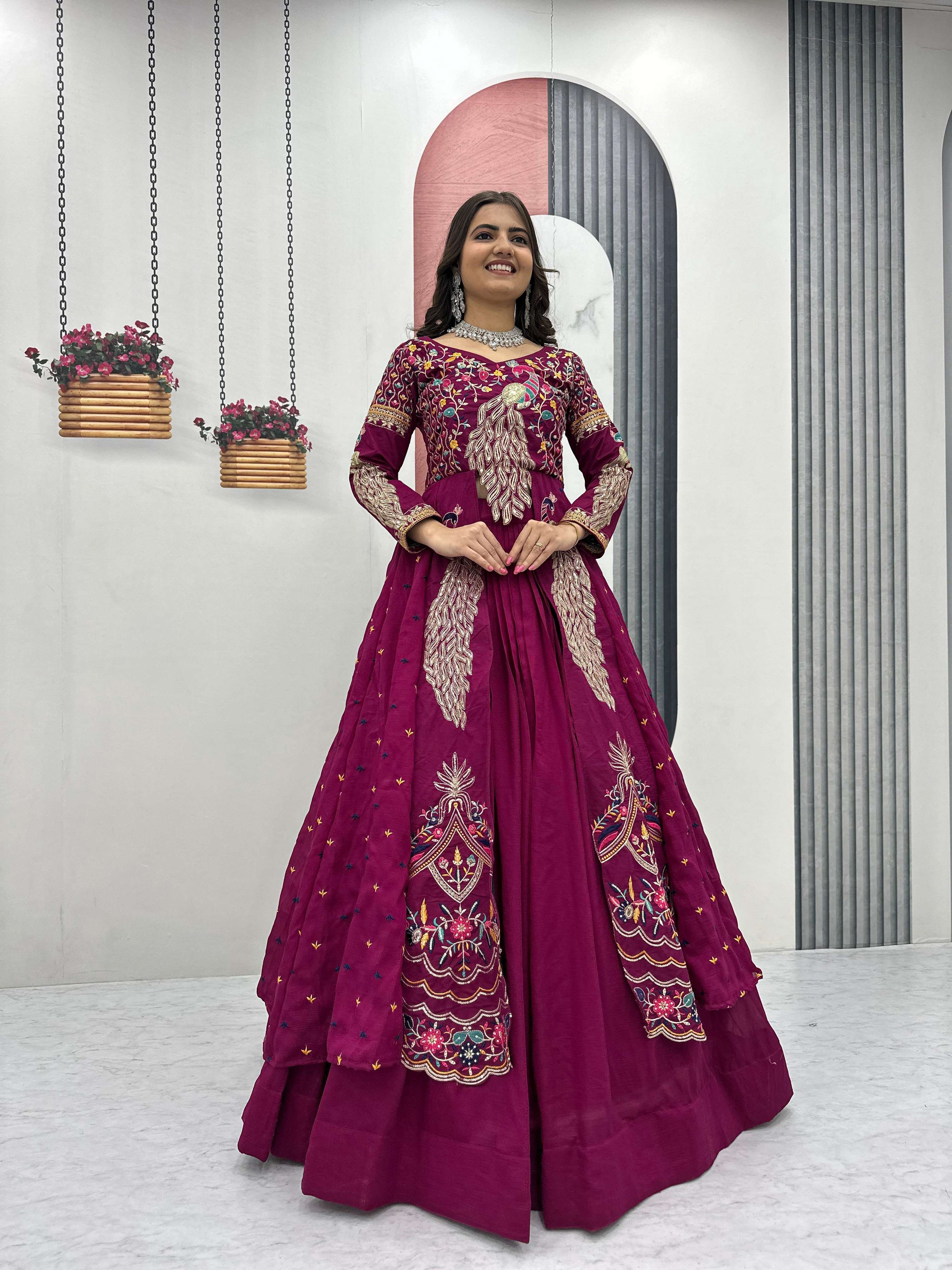 Yash Enterprise Pink Vichitra Silk Party Wear Embroidery Crop Top With Blouse Lehenga Choli - Distacart