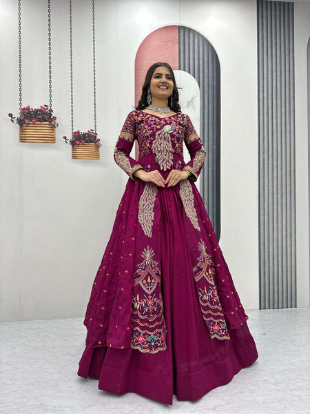 Yash Enterprise Pink Vichitra Silk Party Wear Embroidery Crop Top With Blouse Lehenga Choli