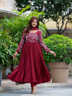 Yash Enterprise Maroon Chinon Silk Party Wear Embroidery Suit Set - Distacart