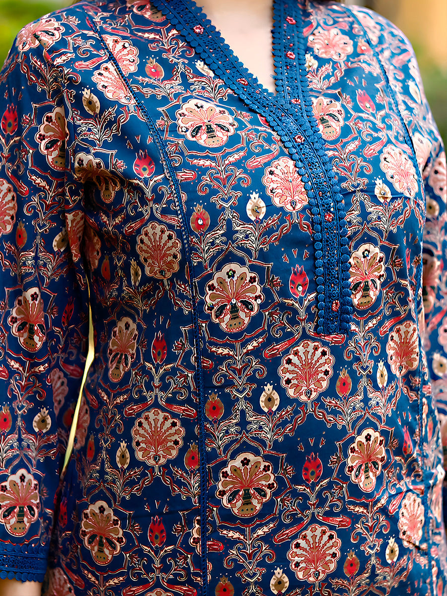 Hand Embroidered & Floral Printed Lace Detailed Kurta With Printed Pant & Dupatta Premium Luxury, Multicolor - Hiral Fashion