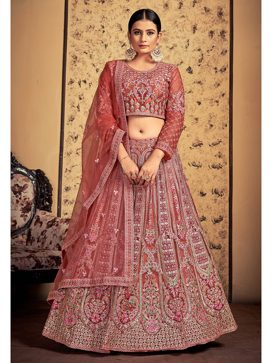 Myra Pink Taupe Soft Net Heavy Embroidered Designer Lehenga