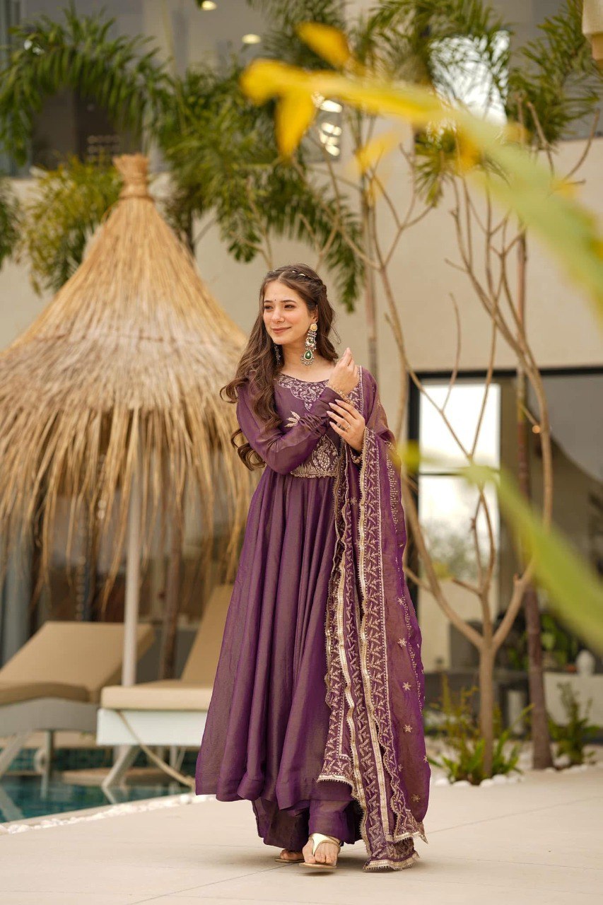 Yash Enterprise Purple Cosmo Silk Party Wear Ebroidery Suit Set - Distacart