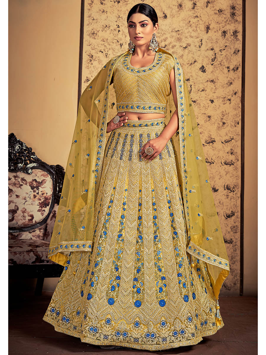 Myra Mustard Soft Net Heavy Embroidered Designer Lehenga