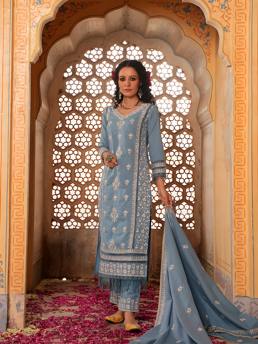 Embroidered & Lace Detailed Kurta With Pant & Embroidered Dupatta Luxury, Multicolor - Hiral Fashion - Distacart