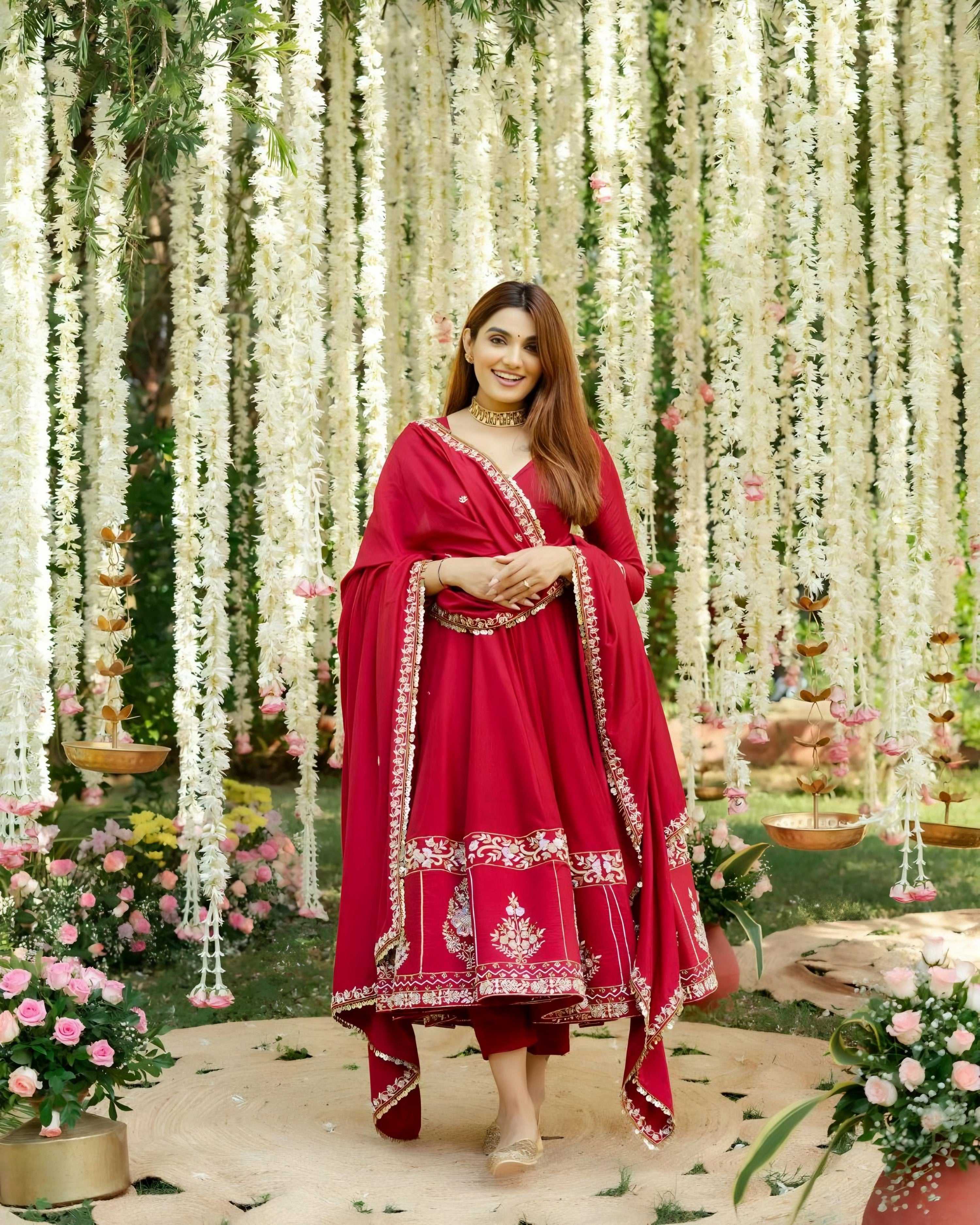 Yash Enterprise Red Roman Silk Embroidery Suit Set - Distacart