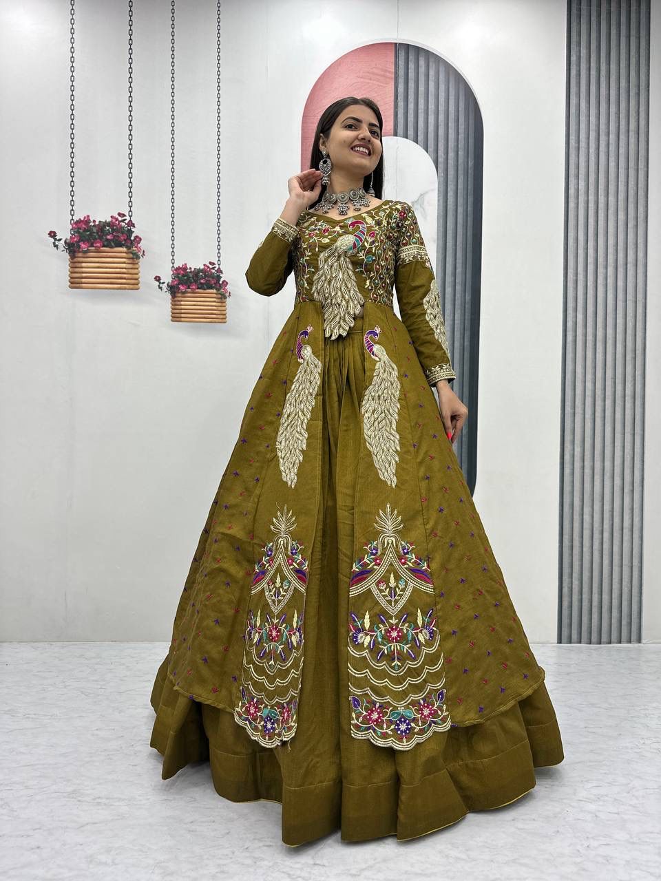 Yash Enterprise Mahendi Green Vichitra Silk Party Wear Embroidery Crop Top With Blouse Lehenga Choli - Distacart