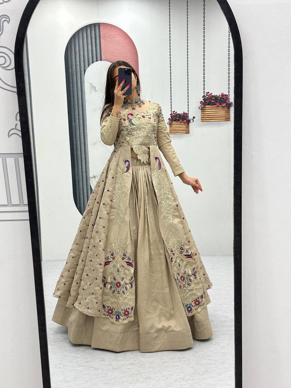 Yash Enterprise Cream Vichitra Silk Party Wear Embroidery Crop Top With Blouse Lehenga Choli - Distacart