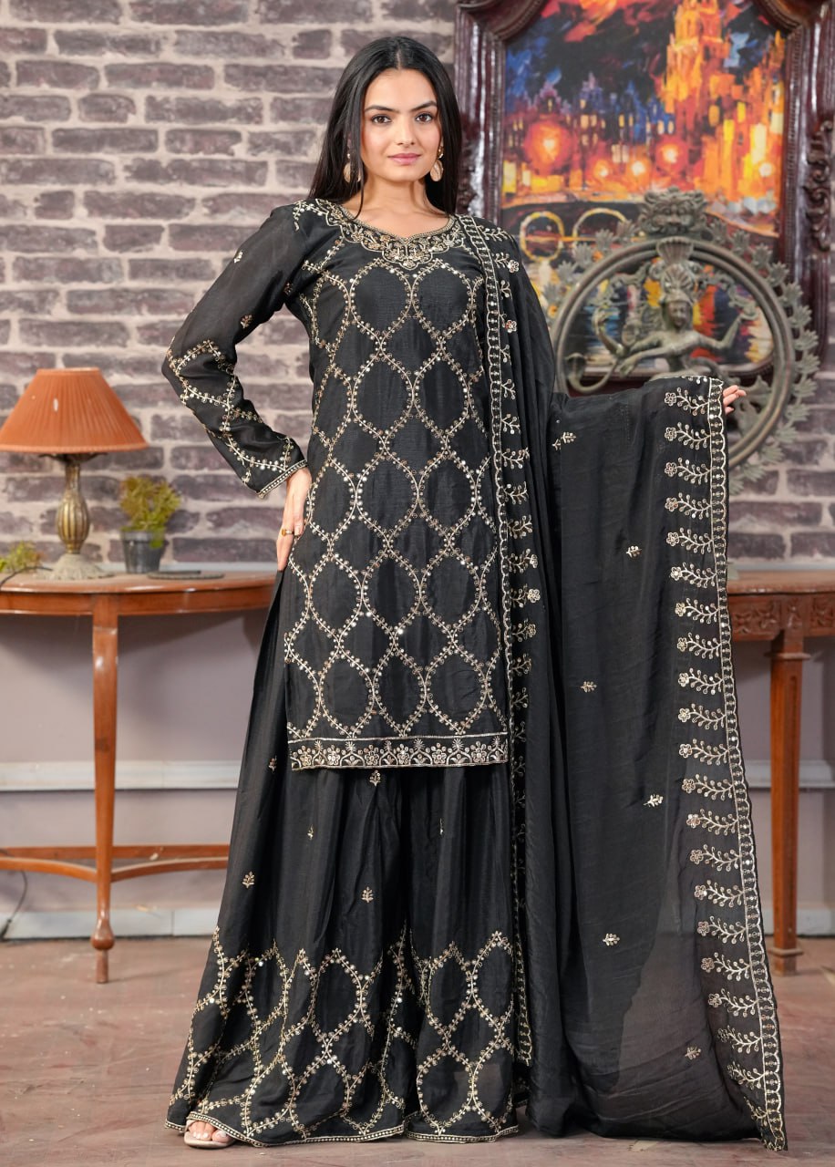 Yash Enterprise Black Chinon Silk Party Wear Embroidery Party Wear Suit Set - Distacart