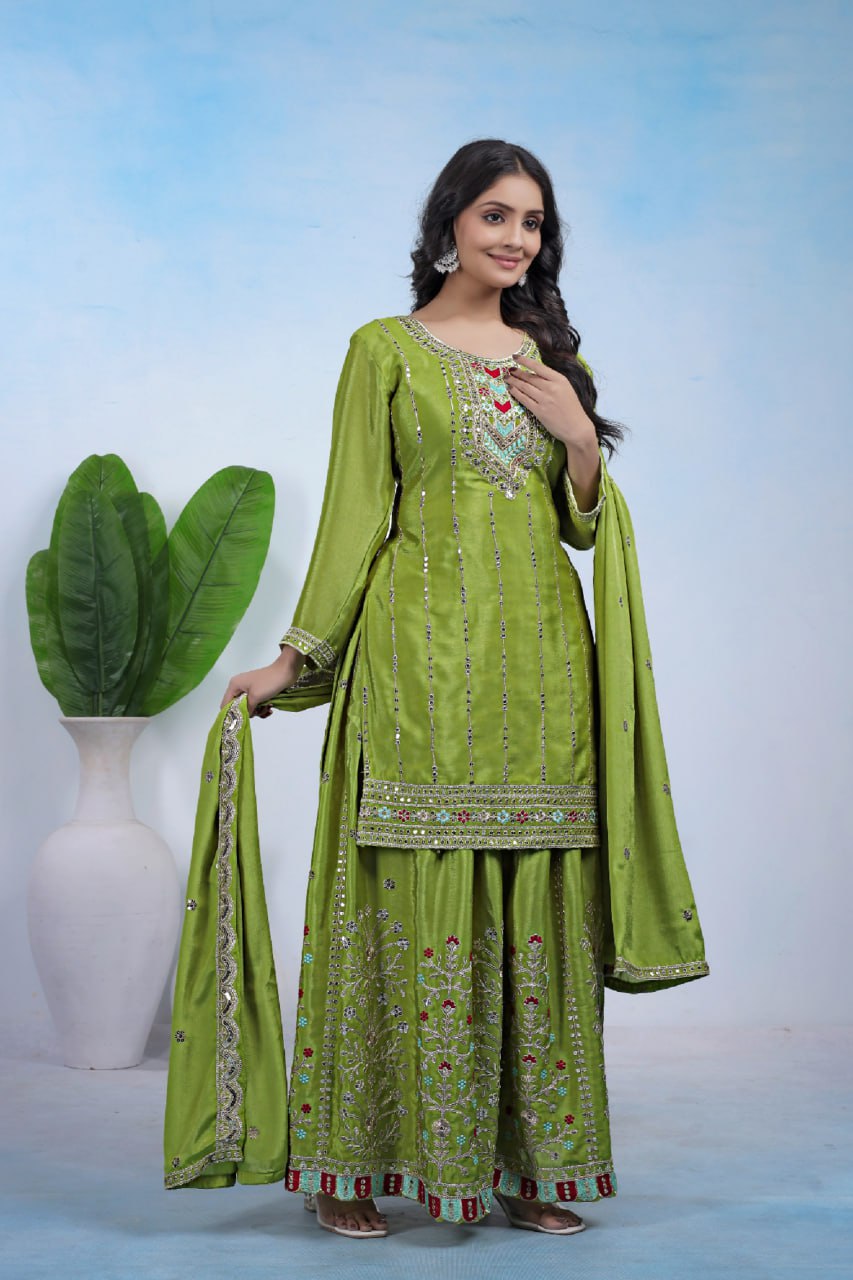 Yash Enterprise Green Chinon Silk Party Wear Embroidery Suit Set - Distacart