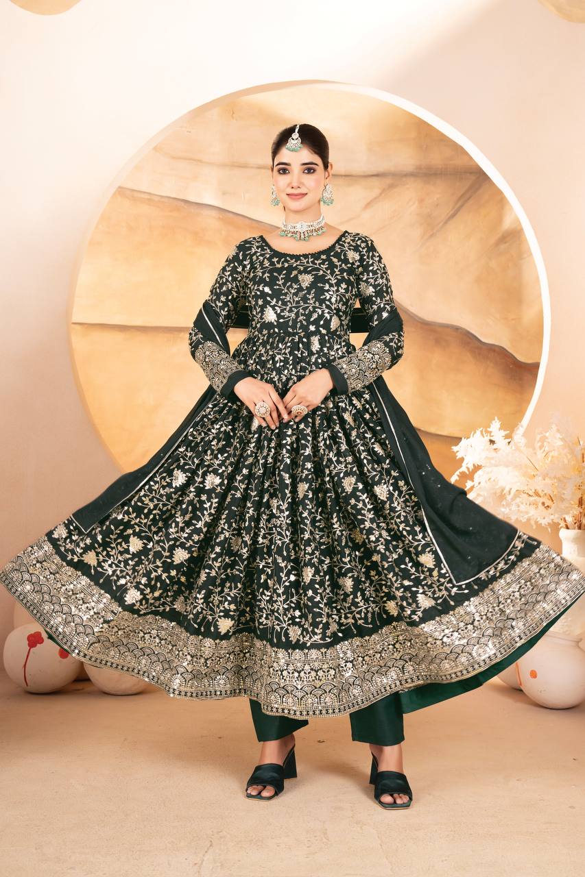 Yash Enterprise Dark Green Star Georgette Embroidered Suit Set - Distacart