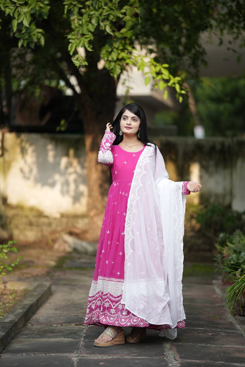 Yash Enterprise Pink Faux Georgette Embroidery Work Party Wear Suit Set - Distacart