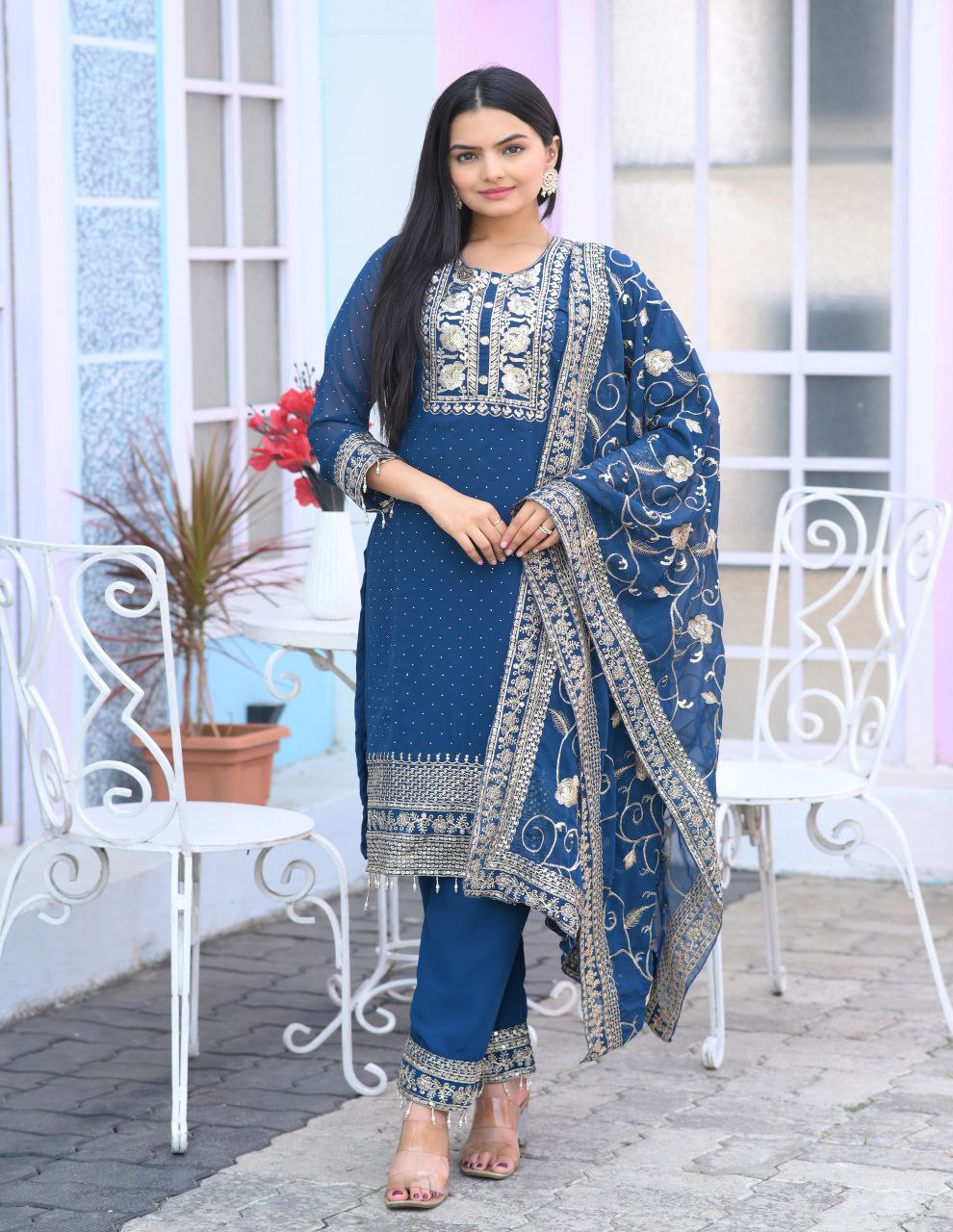 Yash Enterprise Alluring Fox Georgette Blue Embroidery Work Readymade Salwar Suit - Distacart