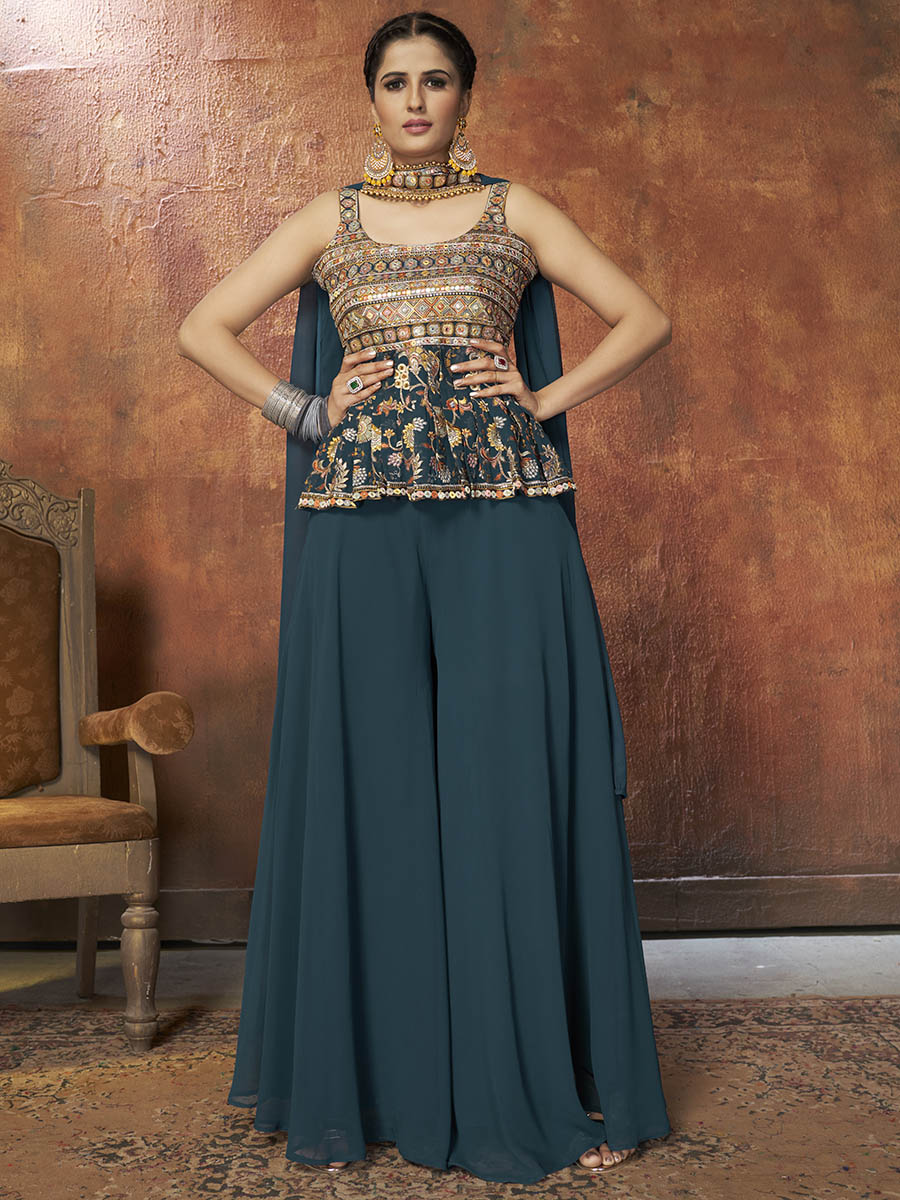 Myra Aequa Blue Georgette Embroidered Designer Suit