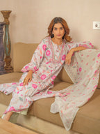 Sangria Floral Printed Pleated A-Line Kurta With Palazzos & Dupatta