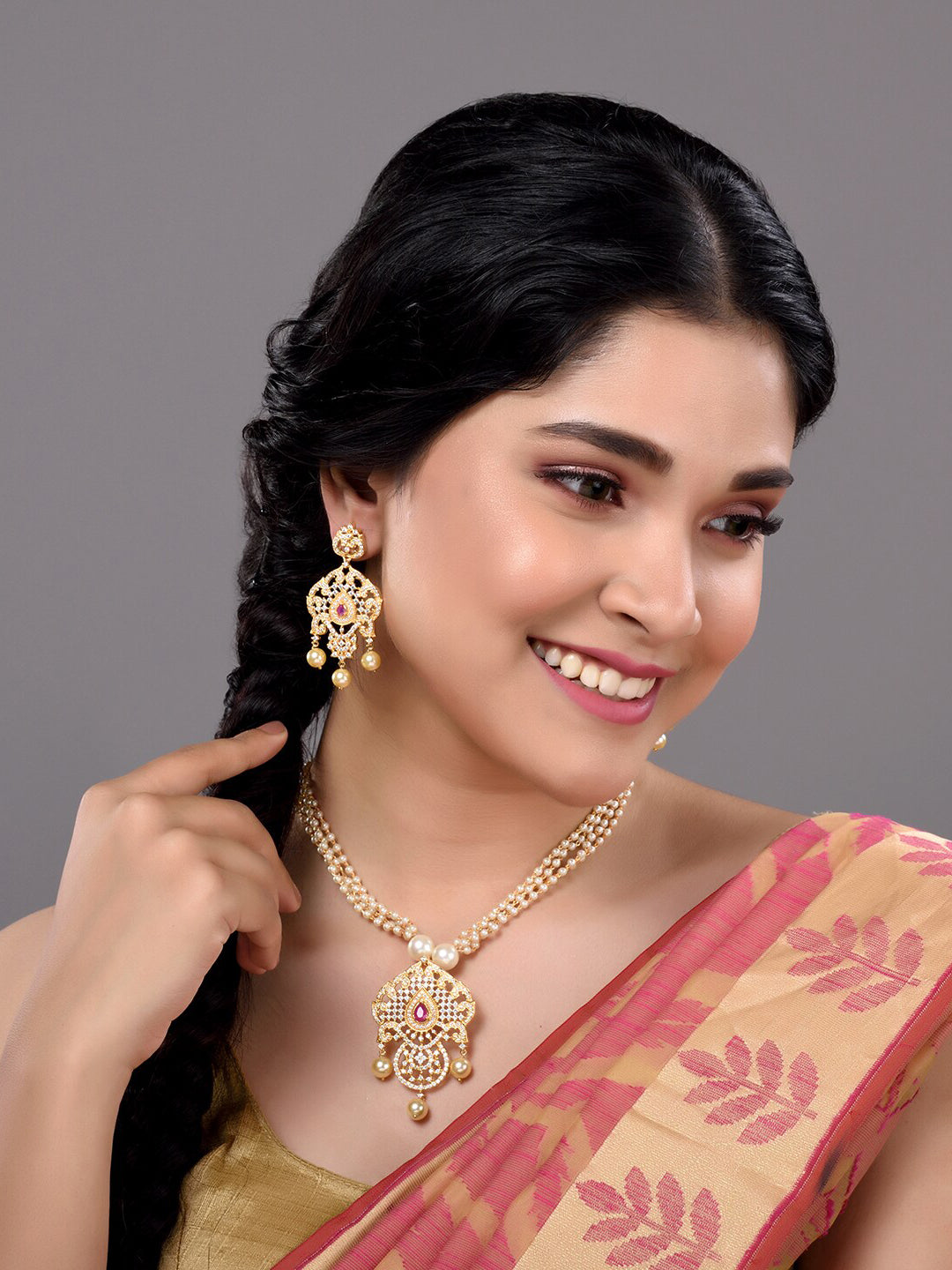 Saraf RS Jewellery Gold-Plated White & Magenta American Diamond Studded Jewellery Set - Distacart