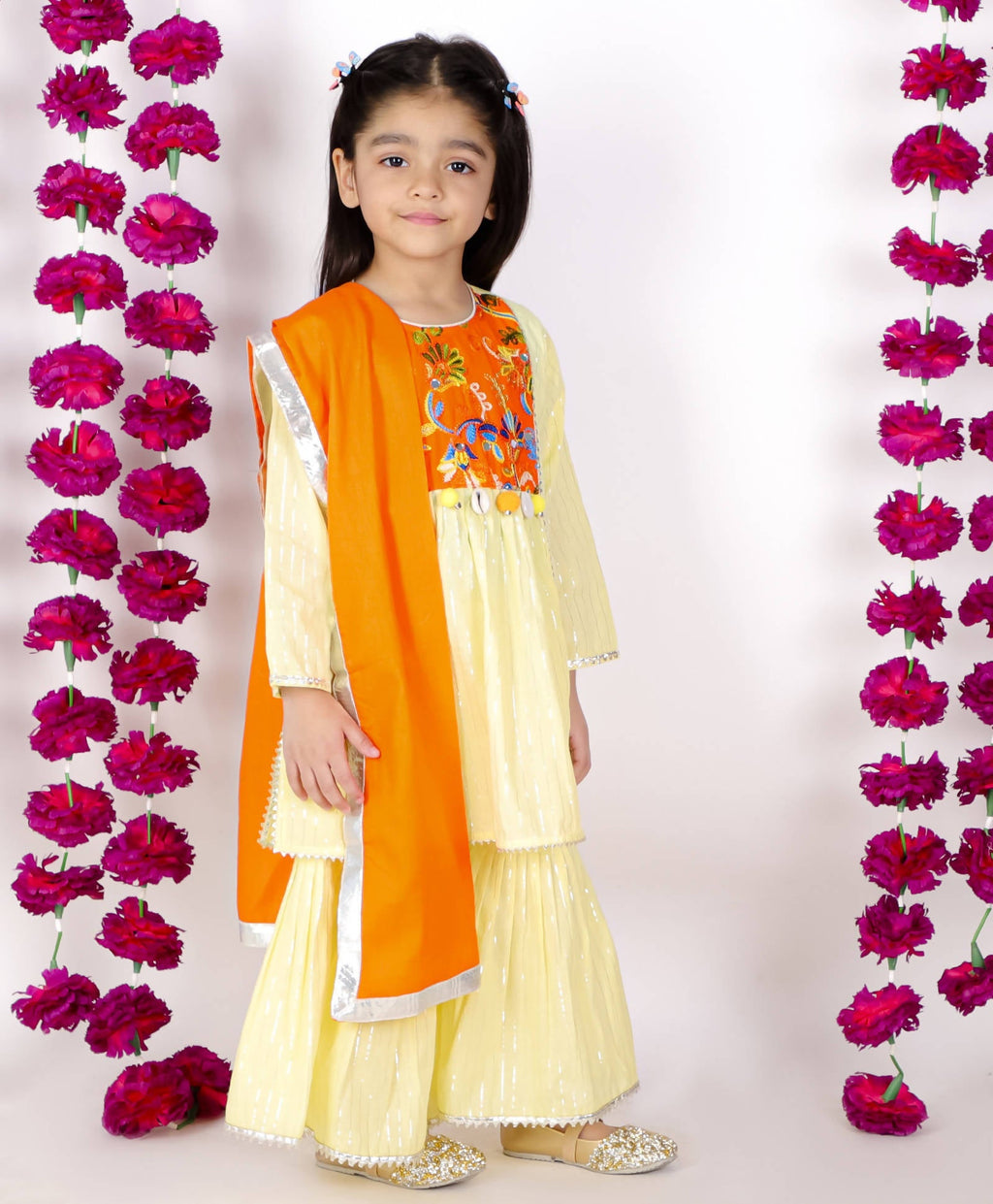 Little Bansi Girls Yellow & Orange Color Mirror work Kurta frock with Sharara & Dupatta