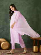 The52 Purple Women's Gorgeous Cotton Blend Fabric Thread Work Straight Kurta, Pant and Dupatta Set - Distacart