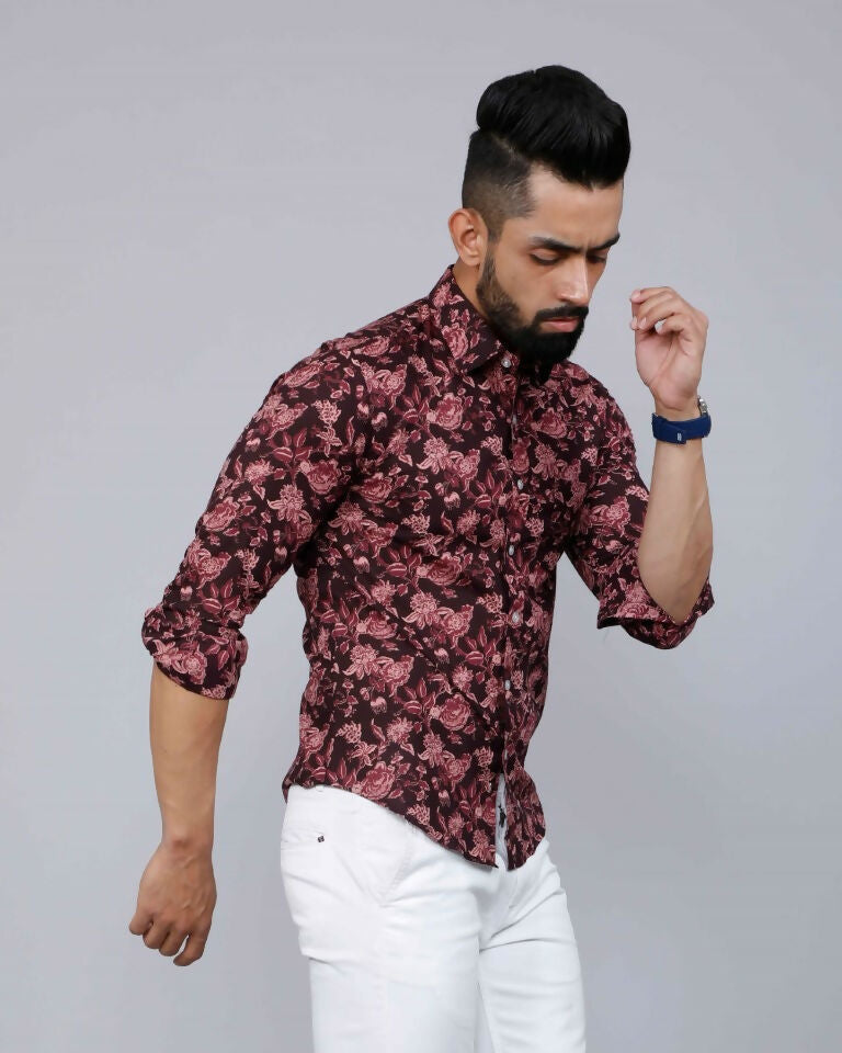 Miravan Men's Floral Slim Fit Long Sleeves Maroon Shirt