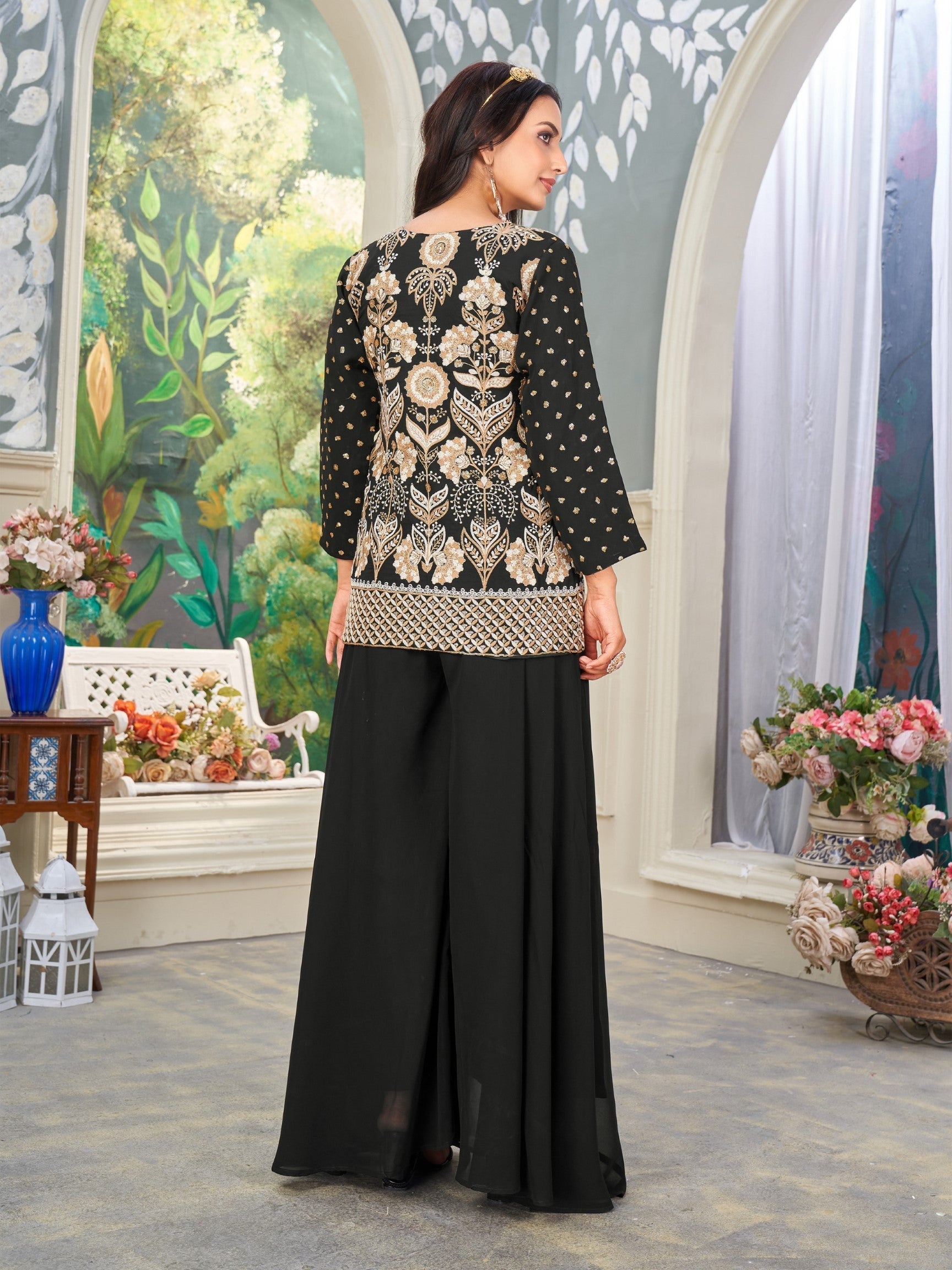 Anaita Black Heavy Embroidered Faux Georgette Stitched Plazzo Suit - Distacart