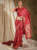 Sangria Red & Gold-Toned Floral Woven Design Zari Banarasi Saree - Distacart