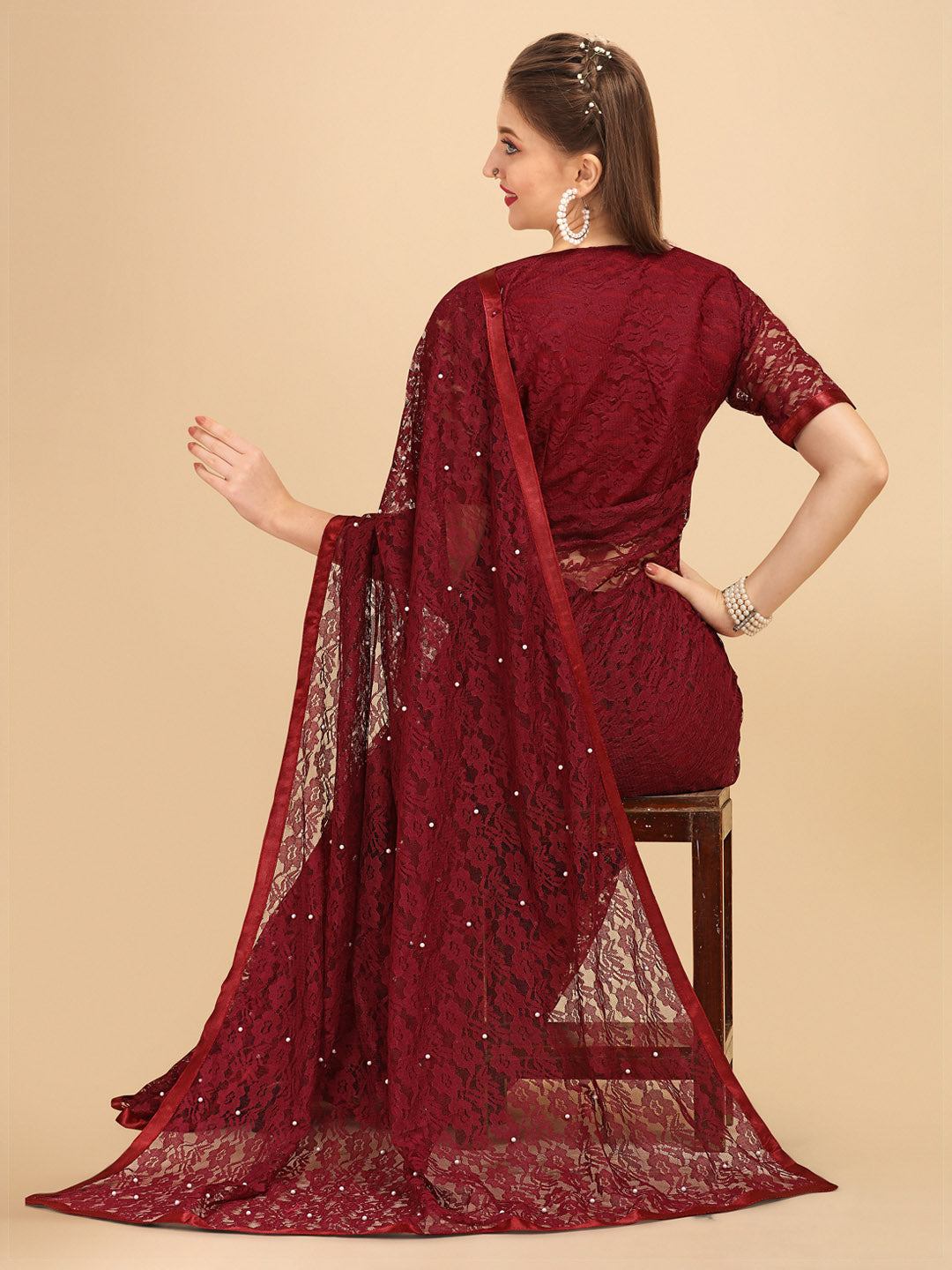 Sangria Maroon Floral Self Design Lace Saree - Distacart