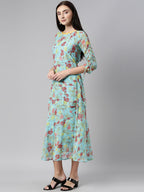 Souchii Blue Floral Printed Chiffon A-Line Midi Dress - Distacart
