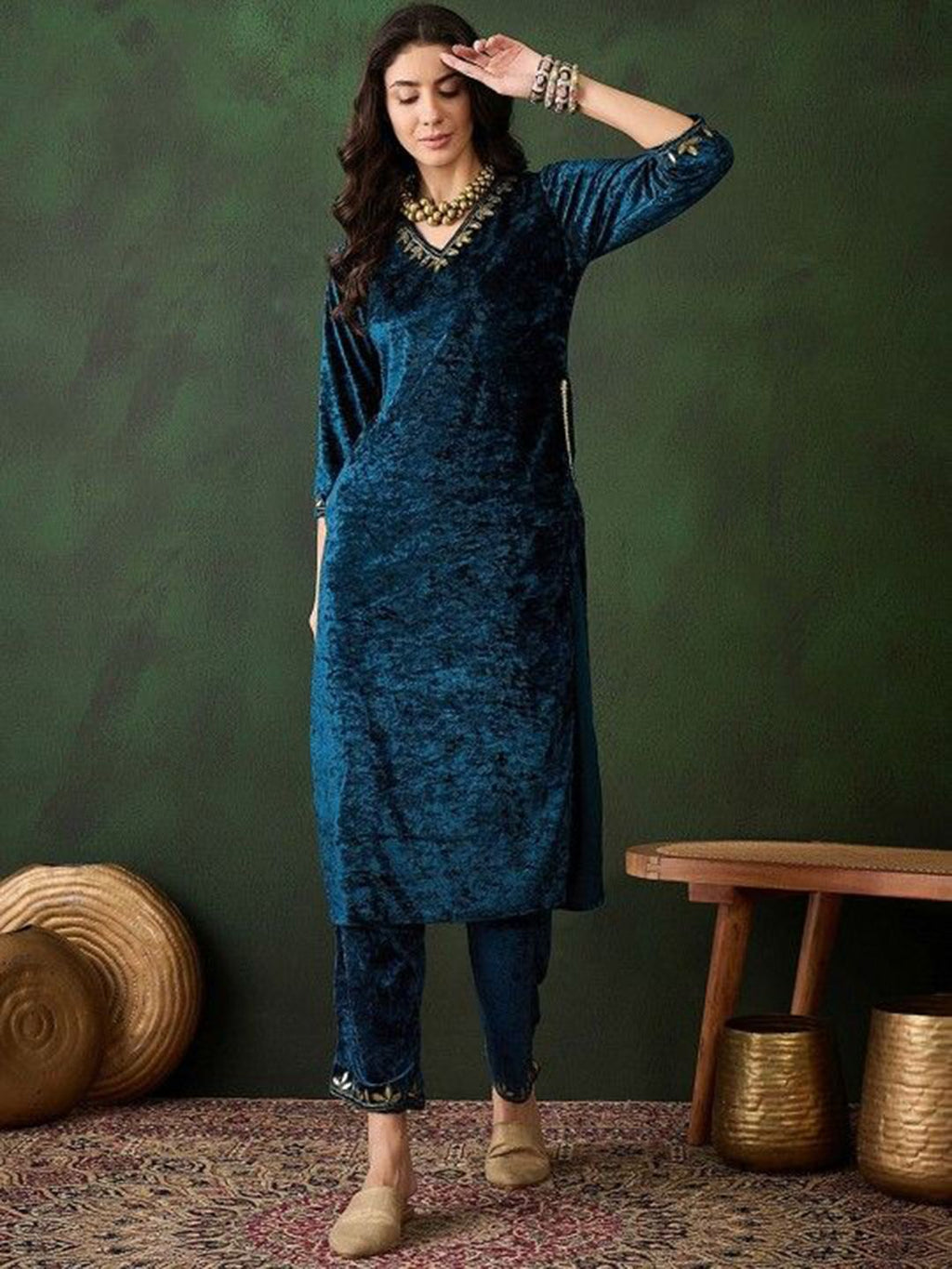 Sangria Yoke Design Velvet Straight Kurta