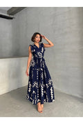 Pimu V-Neck Maxi Dress with Blue Graphic Print