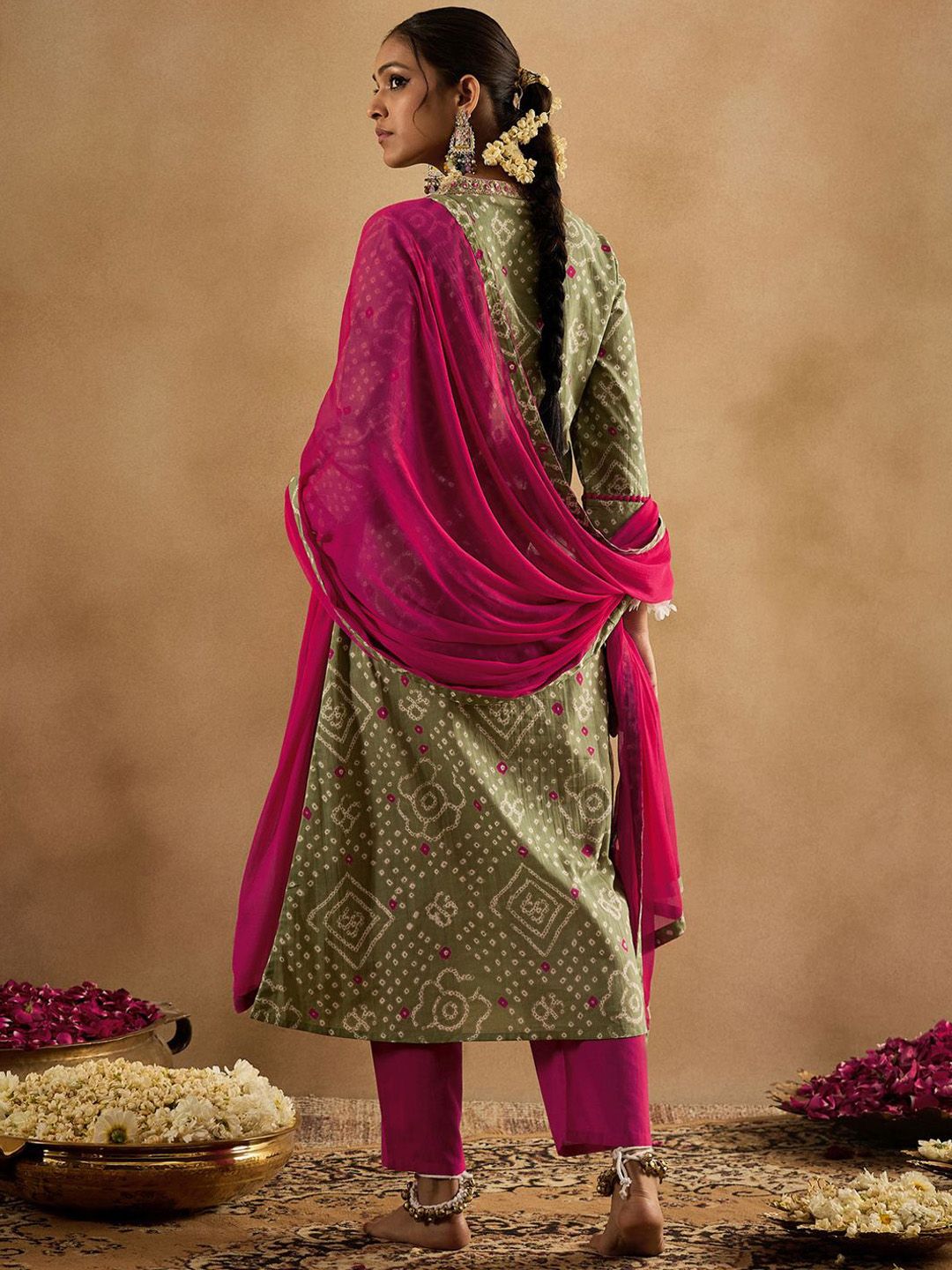 Indo Era Bandhani Printed Pure Cotton Kurta With Trousers & Dupatta - Distacart
