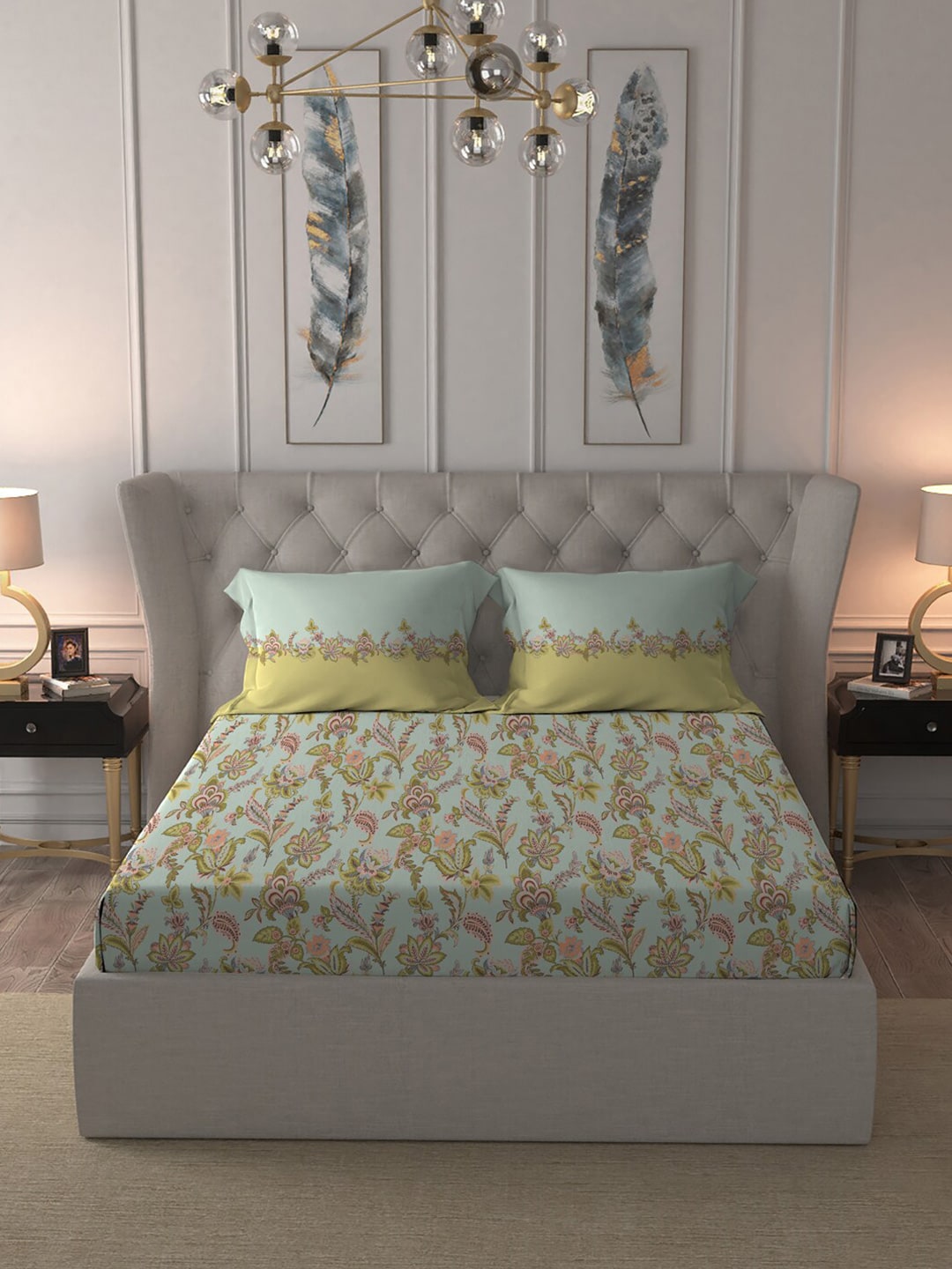 MYTRIDENT Blue White Floral Pure Cotton 144 TC Queen Bedsheet With 2 Pillow Covers - Distacart